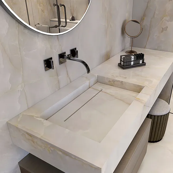 white gold vein sintered stone bathroom